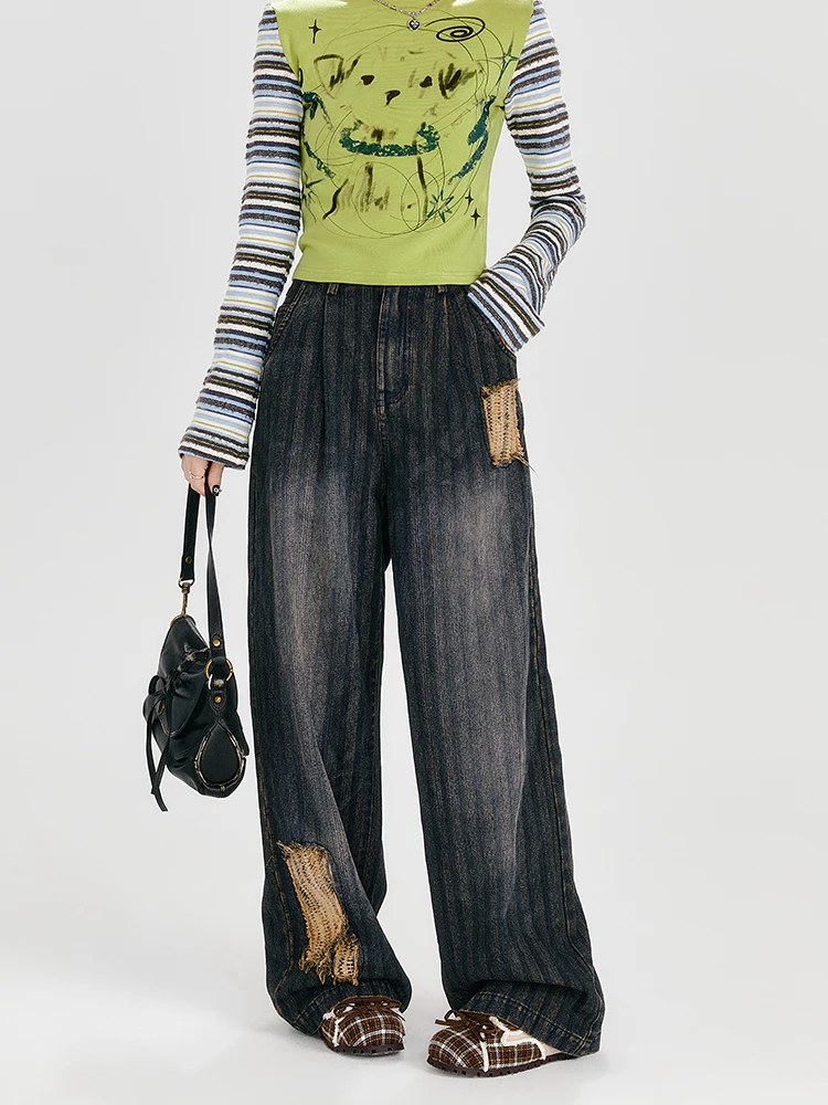 

Американские винтажные широкие джинсы с высокой талией, женские осенне-зимние новые свободные джинсовые брюки прямого кроя, молодежная мода