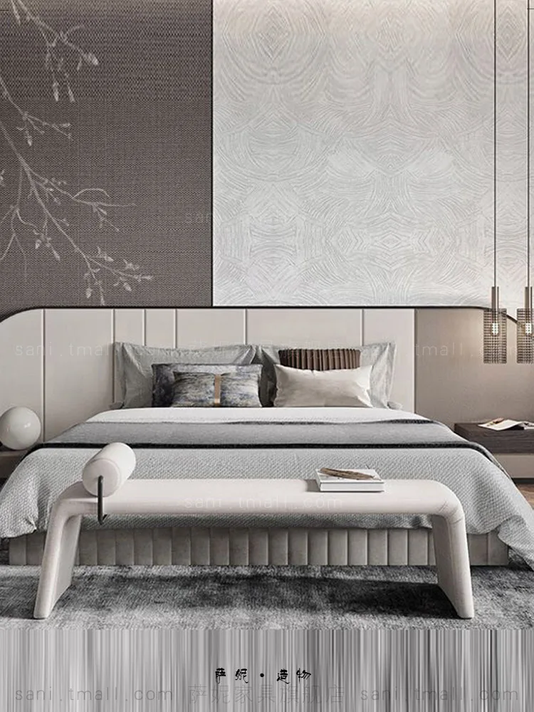 Fabric double bed, master bedroom cloth soft bed, double bed in contrasting color premium gray model room image 4