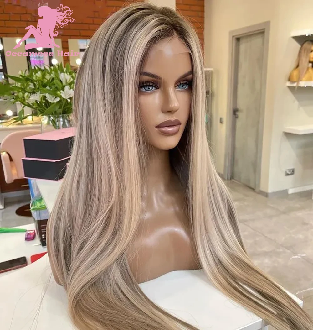 

Human Hair Full Lace Highlight Wig 13x6 Lace Frontal Ash Blonde Wig With Dark Brown Root Straight Brazilin Virgin Hd Transparent