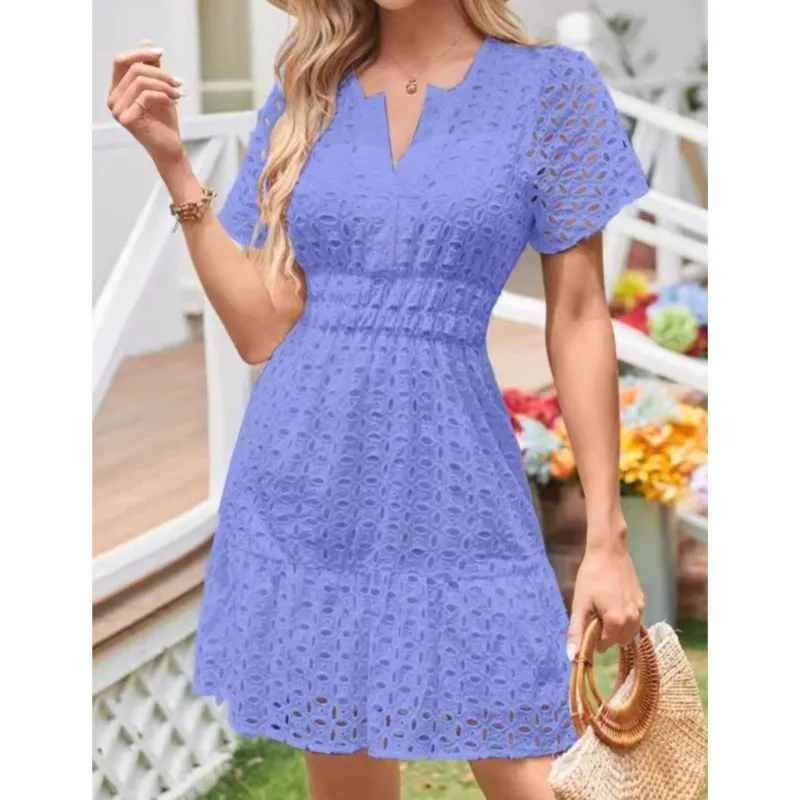 فساتين نسائية صغيرة على الموضة فستان دانتيل عتيق برقبة على شكل V وأكمام قصيرة وخصر مكشكش فساتين نادي حفلات الشاطئ #4