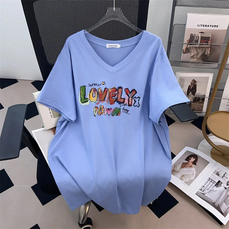170Kg Plus Size Busto da donna 170 Estate Allentato con scollo a V Manica corta T-shirt Lettera stampata Top Nero Blu 4XL 5XL 6XL 7XL 8XL 9XL