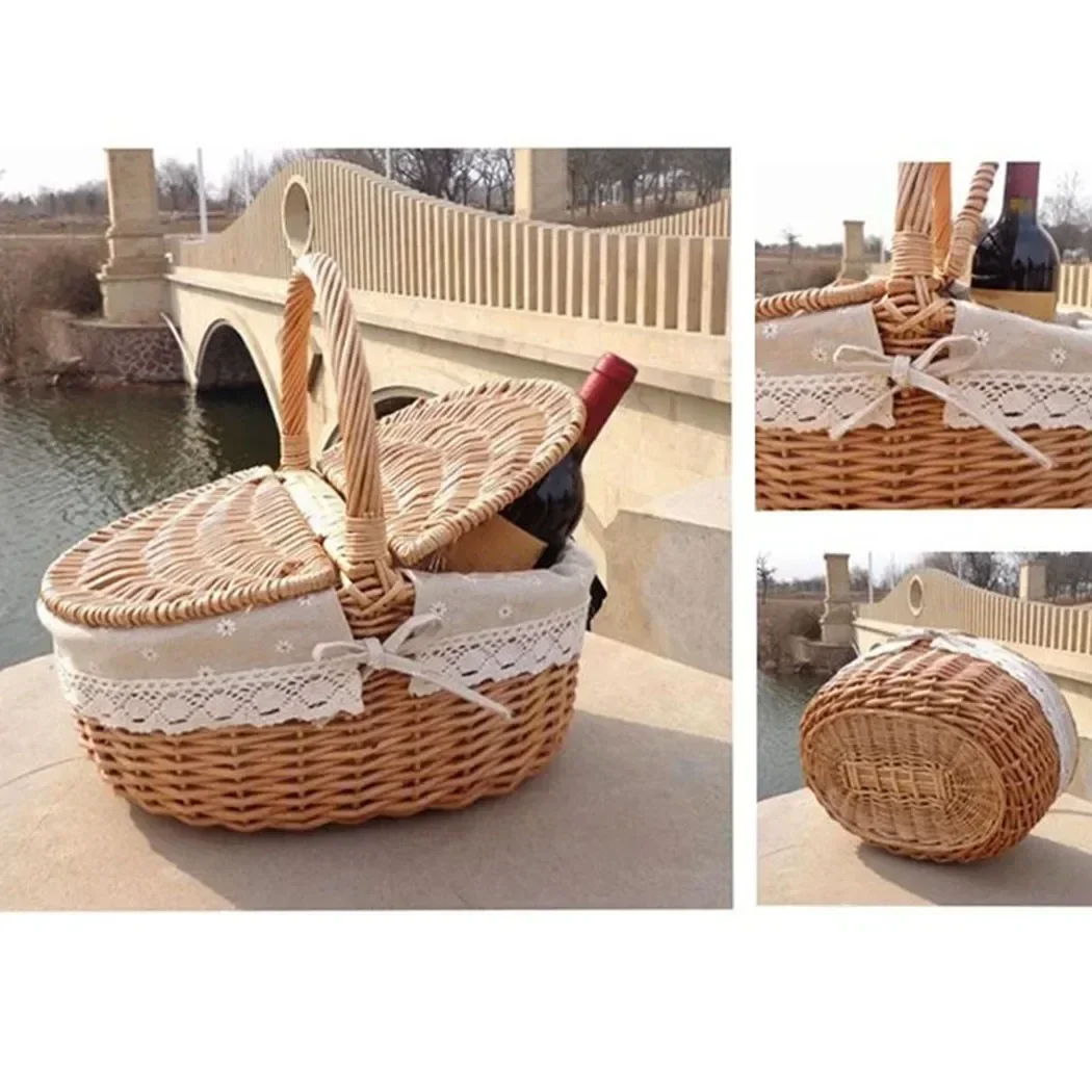 Country Style Wicker Basket With Handle Wicker Camping Picnic Basket With Double Lids Shopping Storage Hamper Basket