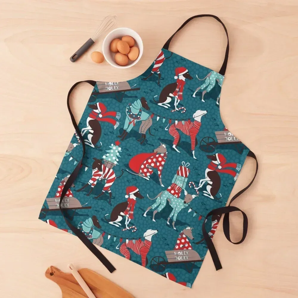 

Greyhounds Christmas dogwalk // dark teal background Apron Costume Waiter manicurist for home useful pieces Apron