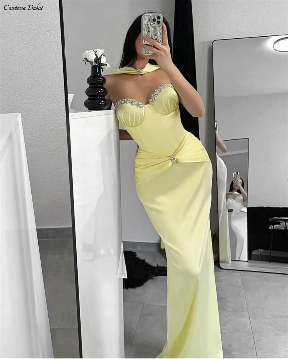 콘테사 맞춤형 프롬 드레스 정장 가운 웨딩 게스트 드레스 스트랩리스 스윗하트 새틴 쉬스 크리스탈 스카프 플로어 길이 우아한