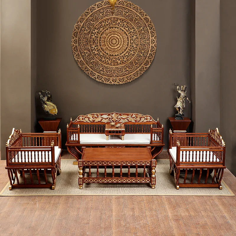 New Chinese - style Solid - wood Living - room Sofa - coffee - table Combination Set, Southeast Asian - style Thai - club Soft F