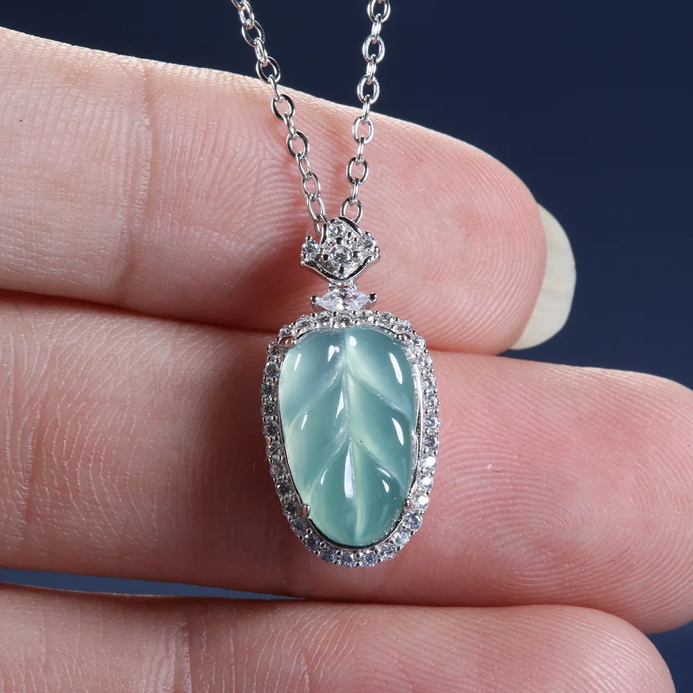 Natural blue water jadeite inlaid with golden branches jade leaves leaf pendant S925 silver inlaid with diamonds leaf necklace