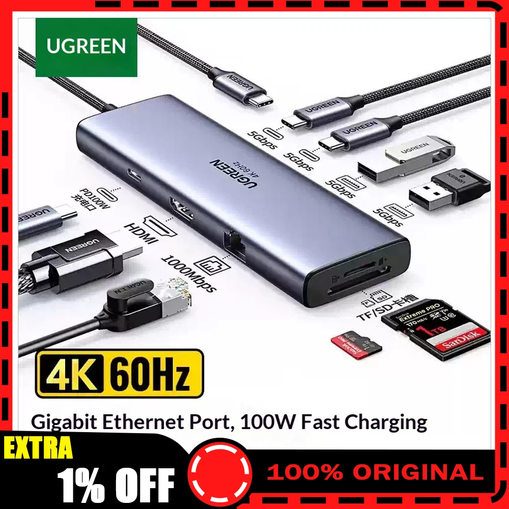 UGREEN CM498 15375 9 in 1 USB C Docking Station 4K HDMI Gigabit Ethernet SD TF Card Reader Multiport Hub Adapter for Laptop.