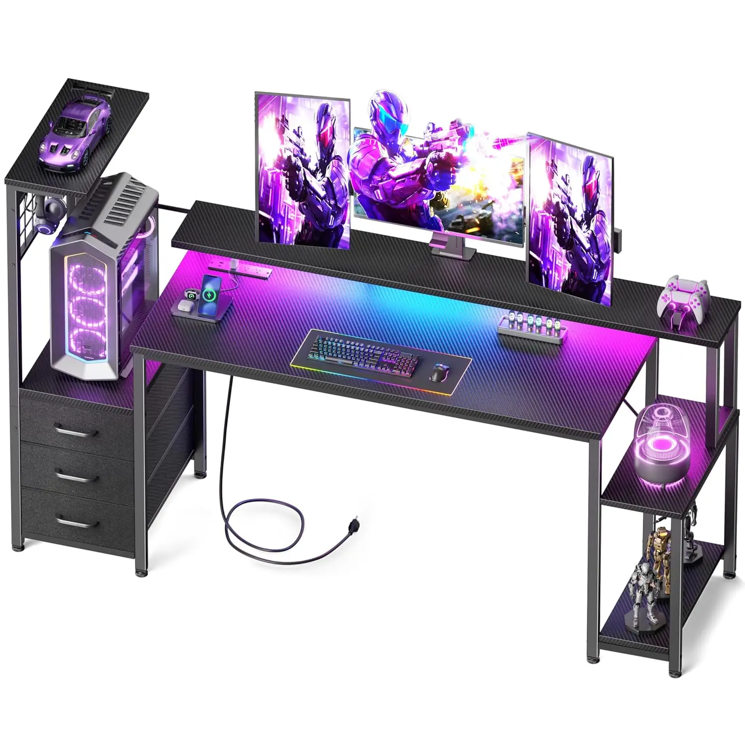 

63" Gaming Desk LED Lights Power Outlets Drawers Hooks Monitor Stand Game Room Office, Customized