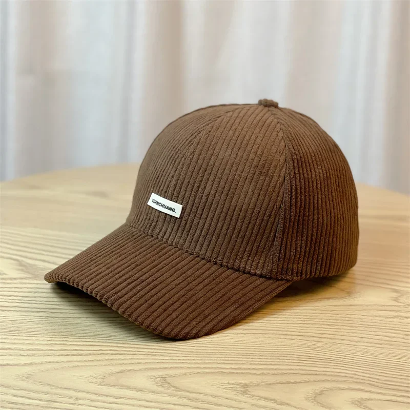 Korean Autumn and Winter Warm Hard Top Big Head Corduroy Baseball Hat Men and Women Fashion Cloth Label  Adjustable Sports Cap