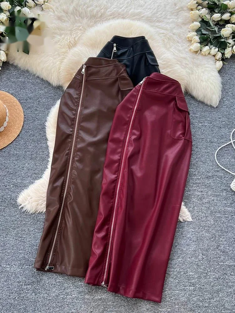 

PU Leathers Bodycon Long Skirts Women Chic Zipper Design Pockets Sheath Hot Girls Streetwear Vintage Slim Skirts