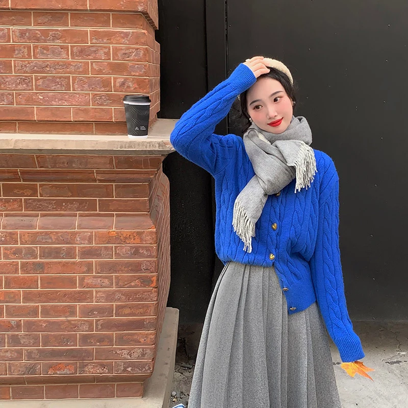 

Lu Jin Boston College Klein Синий Винно-красный Открытый Кардиган Свитер Тепло Отопление Чистый Цвет Для поездок на работу Круглый Ne Одиночный Но...