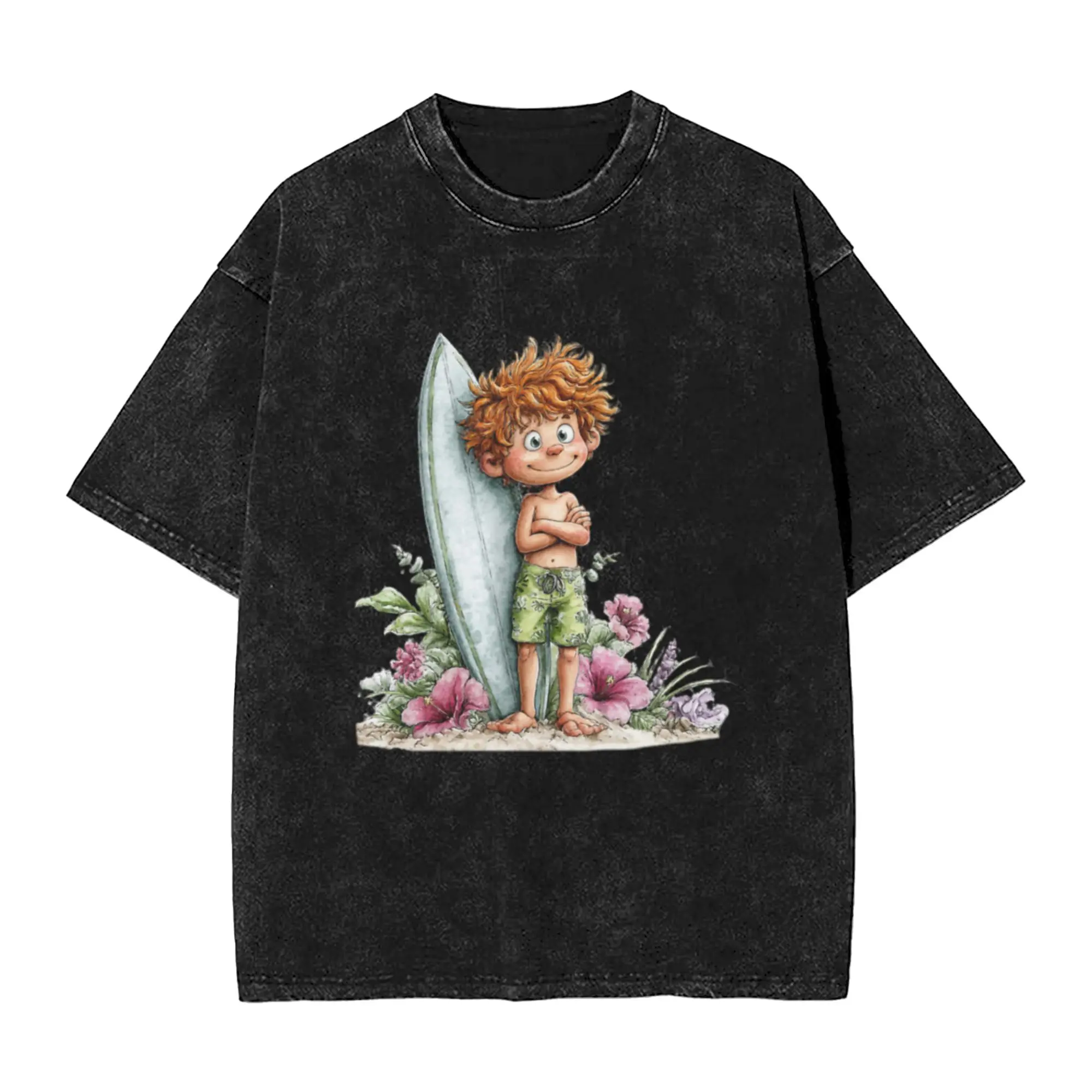 Cute boy with surfing board - whimsical design Unique Stylish A Vintage Oversized Cotton Unisex T-Shirts