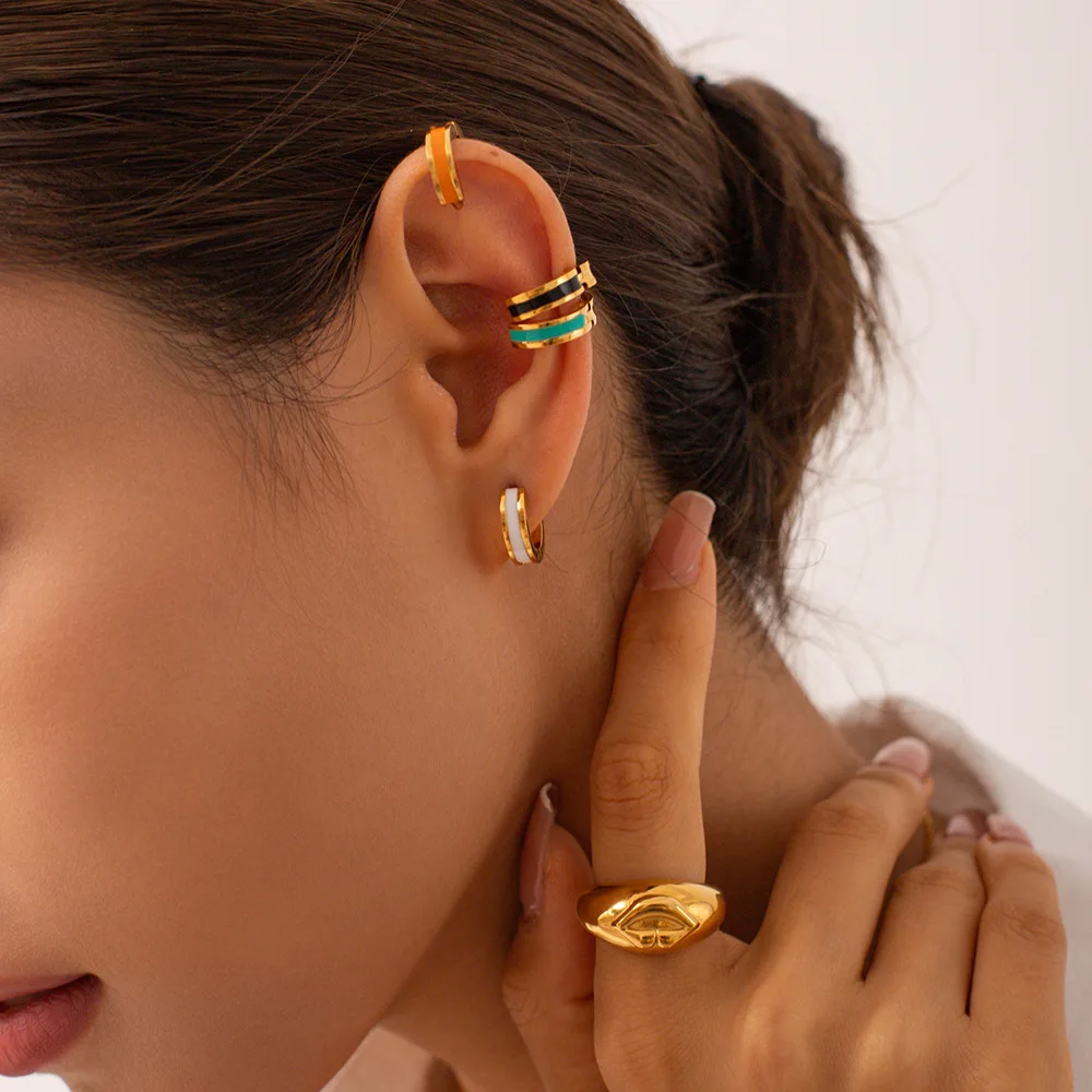 Glamour Jewelry Stainless Steel Dripping Oil Black White Colorful Enamel Hoop Earrings Geometric Enamel Stud Earrings for Women
