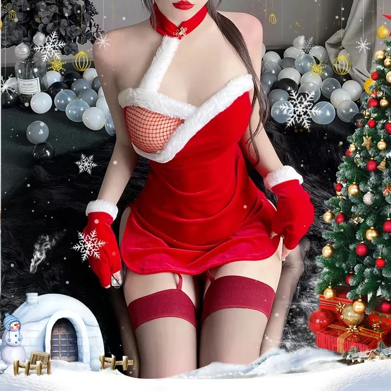 

See-through Crotchless 2025 Sexy Clothes Cheongsam Uniform Christmas Fishnet Girl Erotic Holiday Santa Cosplay Costume Lingerie