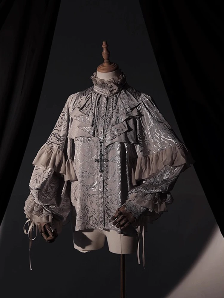 

Silver Gothic Sle Long irt loween Costume with Bat Sves Loose Fit Lolita Dr Women's Faion Set ort Pants