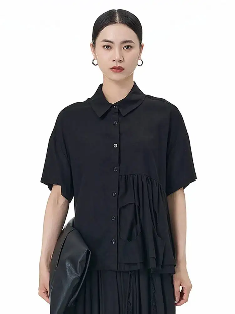 

Women Black Irregular Pleated Big Size Casual Blouse New Lapel Short Sleeve Shirt Fashion Tide Spring Summer