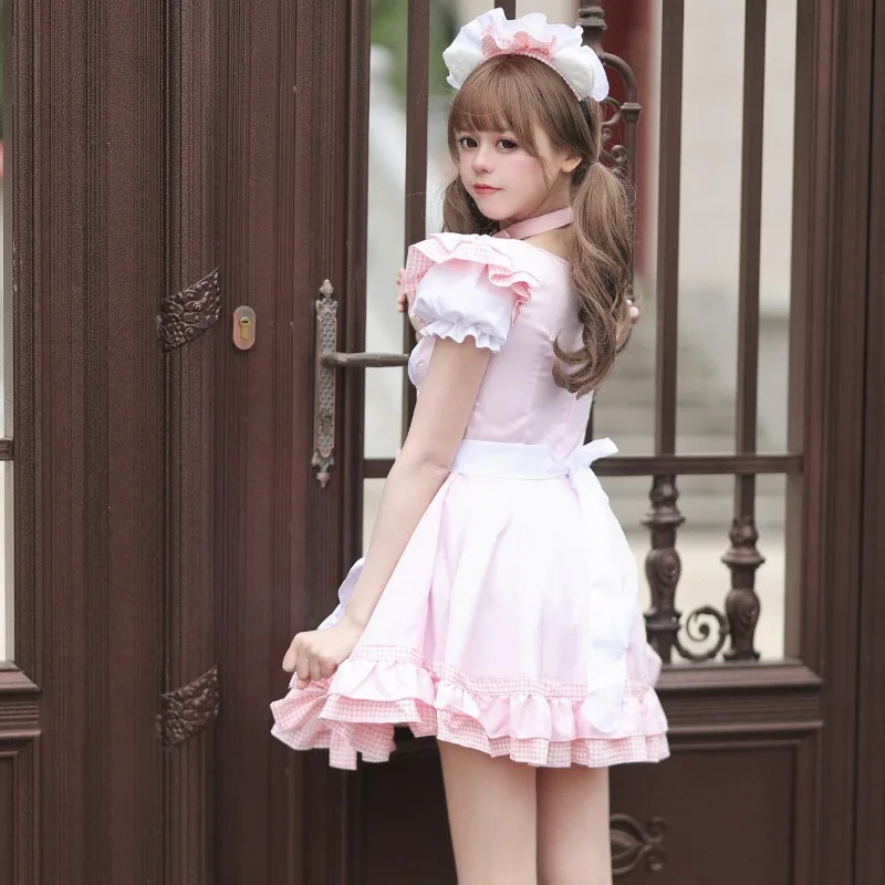 Women Maid Cosplay Costume Short Puff Sleeve Plaid Ruffle Dress with Cat Paw Printed Apron Bow Decor and Headpiece for Party view 4