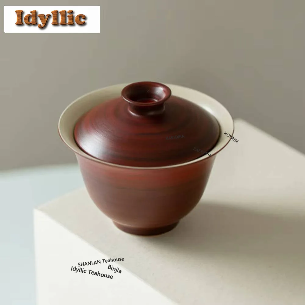 HOYIHM 120ml Handmade Fenyin Yin Hawthorn Red Gaiwan Coarse Pottery Tea Tureen Cha Maker Cover Bowl Kung Fu Teaware Collection