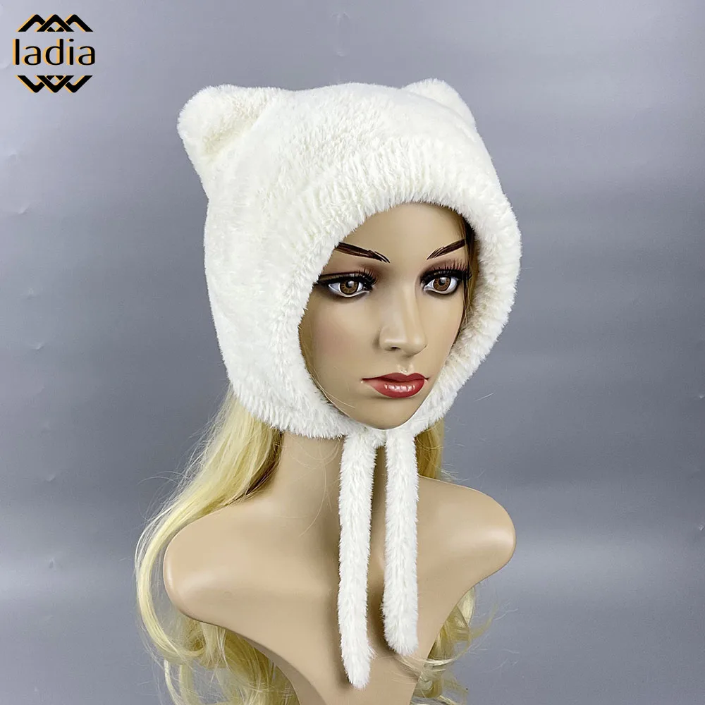 2024 New Winter Warm Earmuffs Cute Little Bear Short Tail Pilot Hat Faux Rabbit Fur Thickened Fluffy With Ear Flap For Women Cap