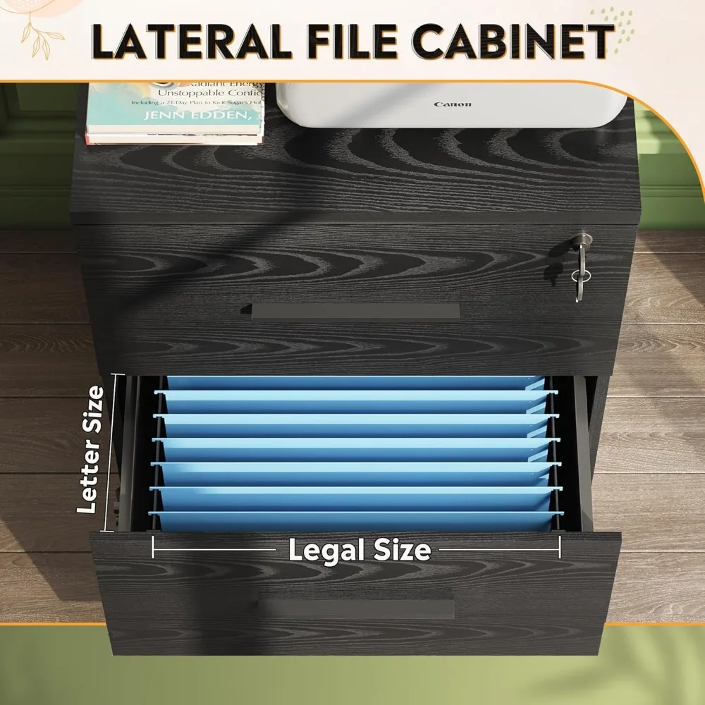 사무실 및 가정용 서랍형 잠금식 목재 측면 파일 캐비닛 2개, 검정색, 안전한 보관 솔루션