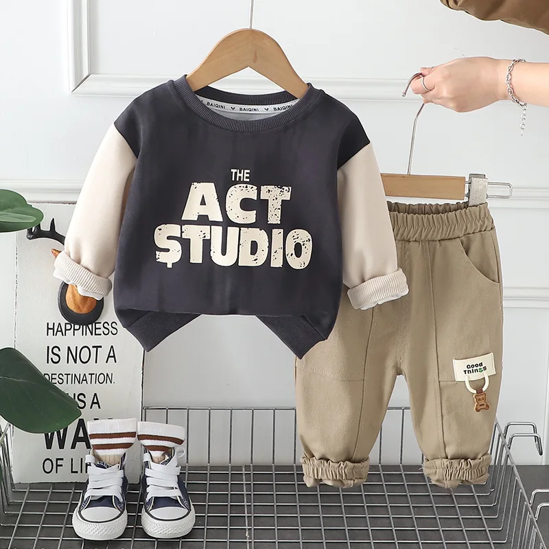 Toddler 2 Piece Outfit 2025 New Spring Baby Boy Boutique Clothes 1-5T Casual Letter Patchwork Pullover Tops and Pants Kids Set