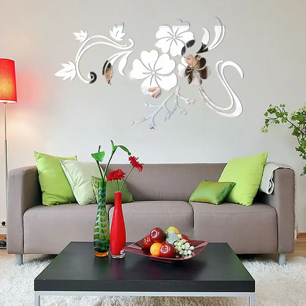 DIY Mirror Flower Acrylic Art Wall Stickers Living Room Home TV Background Decorative Mural Flower Wallpaper
