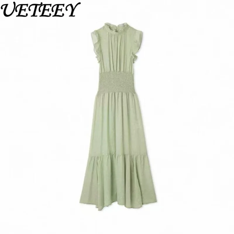 2025 여름 일본 스타일 슬림핏 러플 칼라 드레스 (작은 플러터 소매와 프린트된 하이웨이스트 슬림핏 롱 드레스)