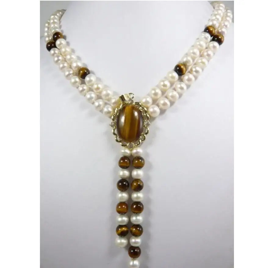 

new arrive beautiful design jewelry white pearl + tiger eye jade necklace