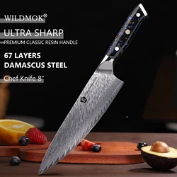 WILDMOK 67 Layers Damascus VG10 High Carbon Steel Professional Handmade 8 Inch Chef Knife with Black Resin Handle