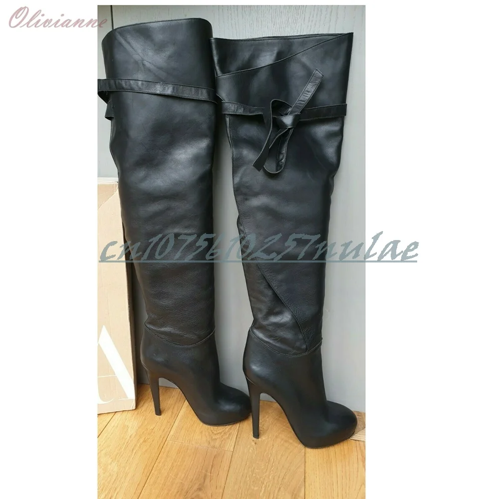 

Black Belt Strap Matte Leather Over the Knee Boots Round Toe Hot Girls Stiletto High Heel Party Women Shoes Zapatos Para Mujere