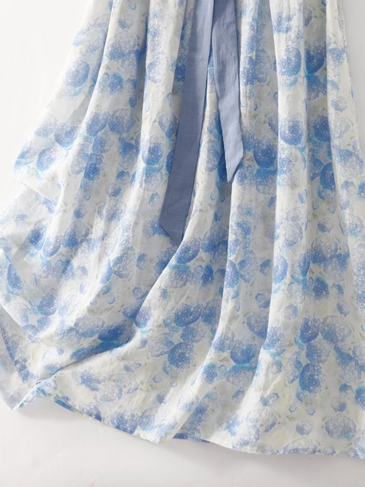 Ele Blauw Katoen Linnen Print Dr Dames Zomerontwerp Afslankende Taille Reizen Lange Rok A-lijn Midi Dr Enkele knop