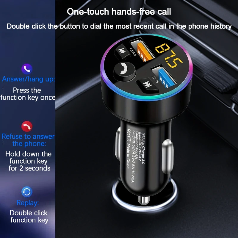 66W car charger MP3 wireless speaker player Multi-function colorful atmosphere light Dual USB car power adapter voltage display