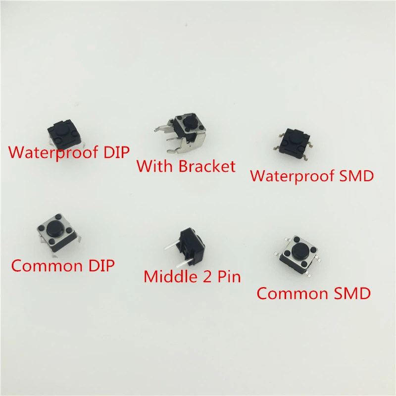 100pcs 6*6 Series Micro SWitch button Tactile Tact DIP SMD Middle 2 pin with Bracket 4P 2P R&D Repair 4.3/5/6/7/8/9/10/11/12/13