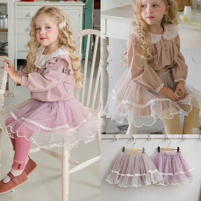 

Girls Mesh Skirt 2025 Spring Autumn Korean Children Girls Elegant Wave Lace Edge Mesh Puff Half Skirt