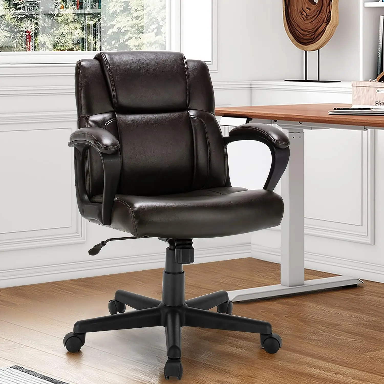 Giantex Modern Executive Desk Chair: Dark Brown Ergonomic Mid Back Leather Office Chair with Padded Armrests and Height