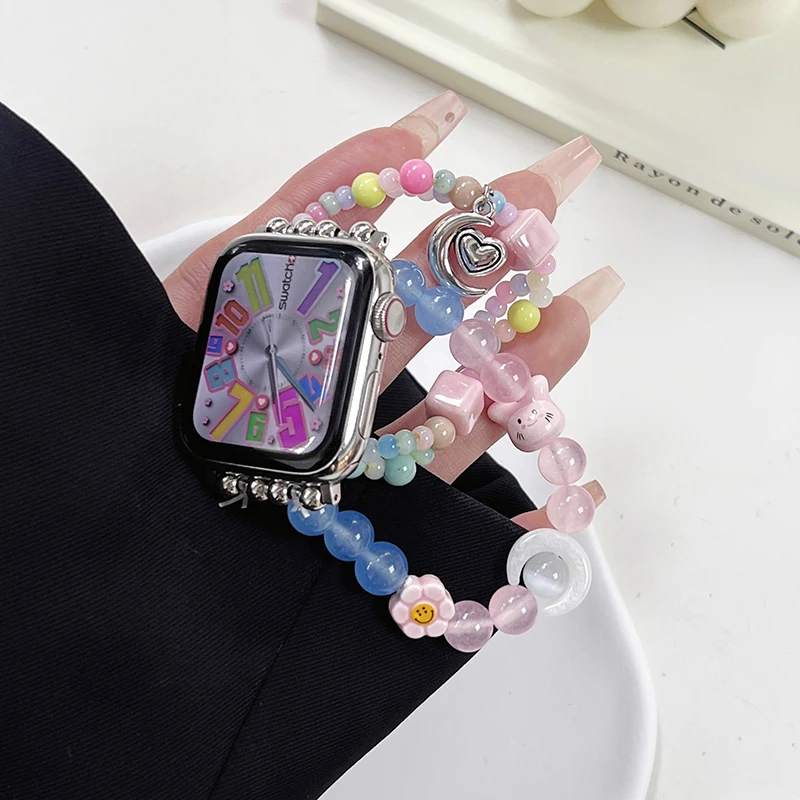 Coloful Beads Bracelet for Apple Watch Series7 6 SE 5 45mm 44 49 Fashion Acrylic Elastic Strap for IWatch 9 8 Ultra 38 41mm Band