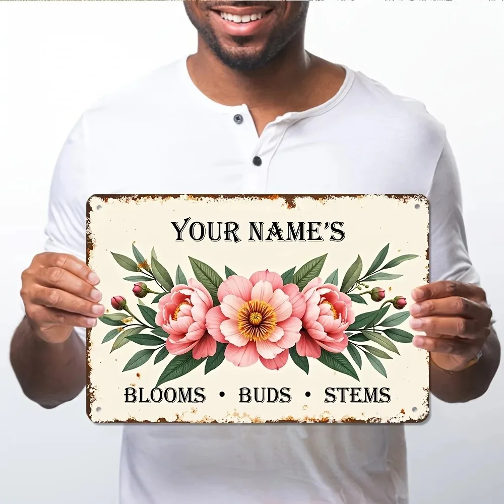 [2D Flat] 1pc Custom Name Vintage Rusty Metal Garden Sign, Pink Peony Blooms Buds Stems Outdoor Decor (Only For Decoration)