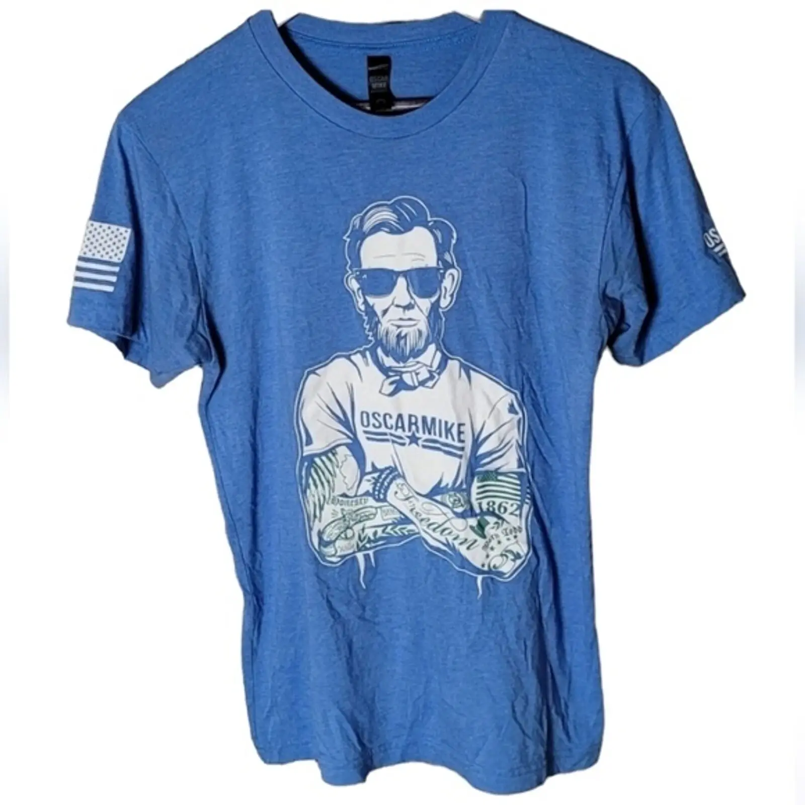 Oscar Mike Abe Tee Tatted Abe Vintage Blue Mens Small Tee Shirt