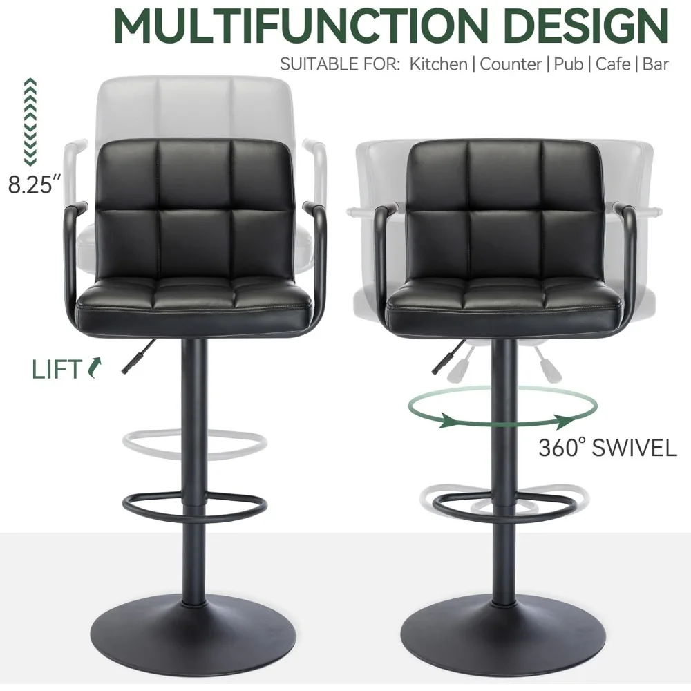 مقعد بار مربع حديث من جلد البولي يوريثان، مقعد دوار قابل للتعديل مع ظهر وأذرع، كرسي بارتفاع منضدة الهوائية لتناول الطعام في المطبخ