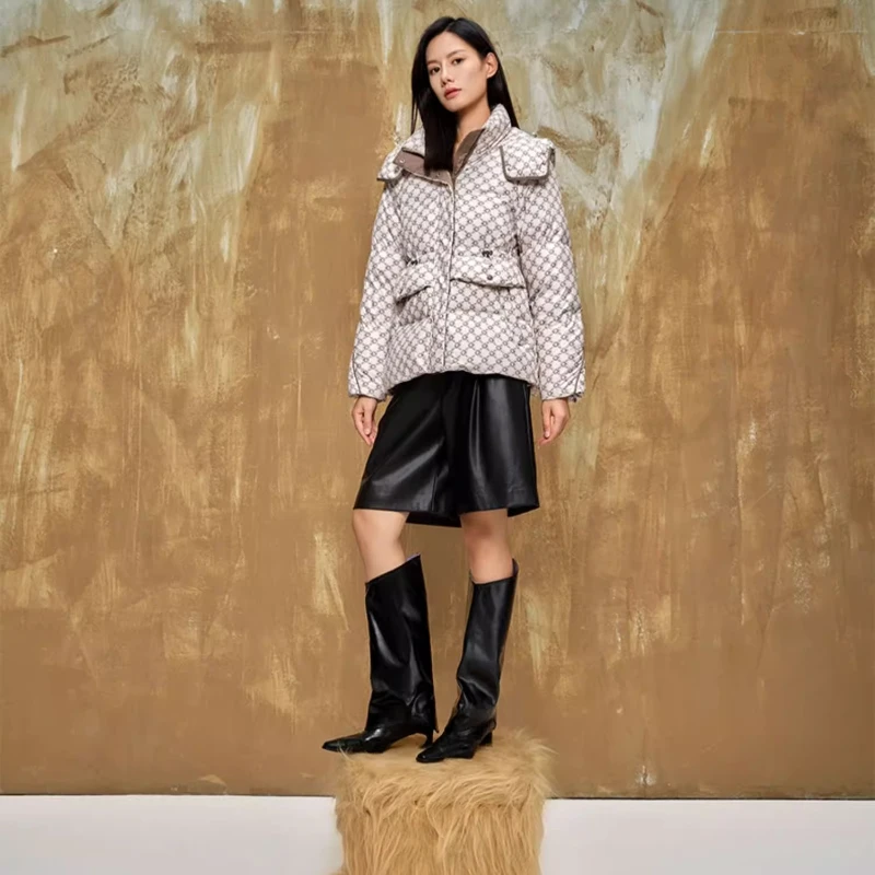 Chericom Women's Hooded Down Coat Stand Collar Print Design Dual Zipper Placket Ribbed Windproof Cuffs Slanted Pockets Y299155Y