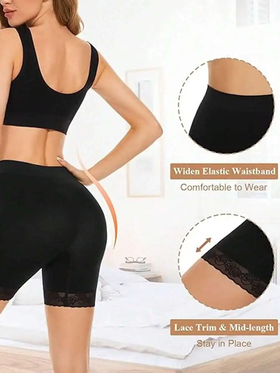 

2pcs Women Seamless Yoga Cycling Shorts With Lace Trim And Wide Elastic Waistband