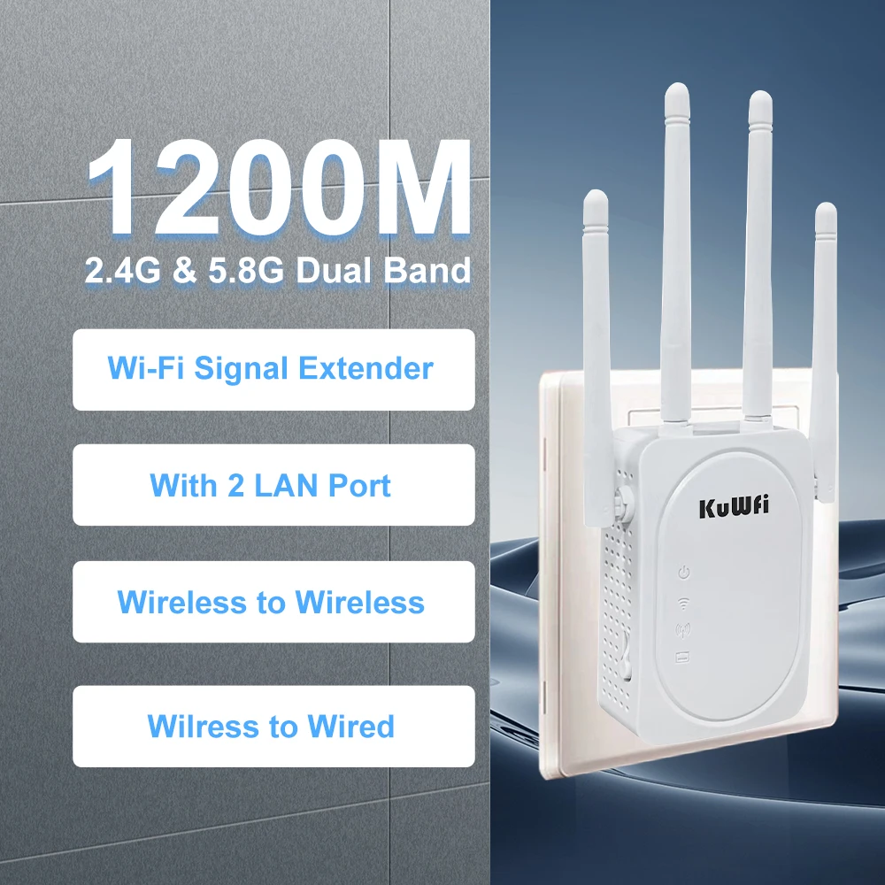 KuWFi 2.4G 5GGHz Dual Band Wireless WiFi Extender 1200Mbps WiFi Router Wall Mounted Enhancing Network Amplifier Wi-Fi Repeater