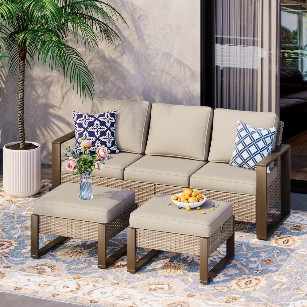 

75" Patio Metal Wicker Sofa,All Weather Outdoor Rattan 3-Seat Sofa Couch with Premium Cushions & Rectangular Framed Wood-Looking