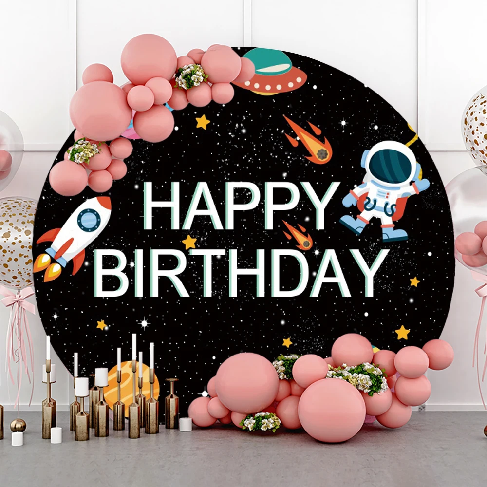 Outer Space Universe Planet Round Backdrop Cover Starry Sky Galaxy Moon Astronaut Rocket Baby Kids Birthday Circle Background