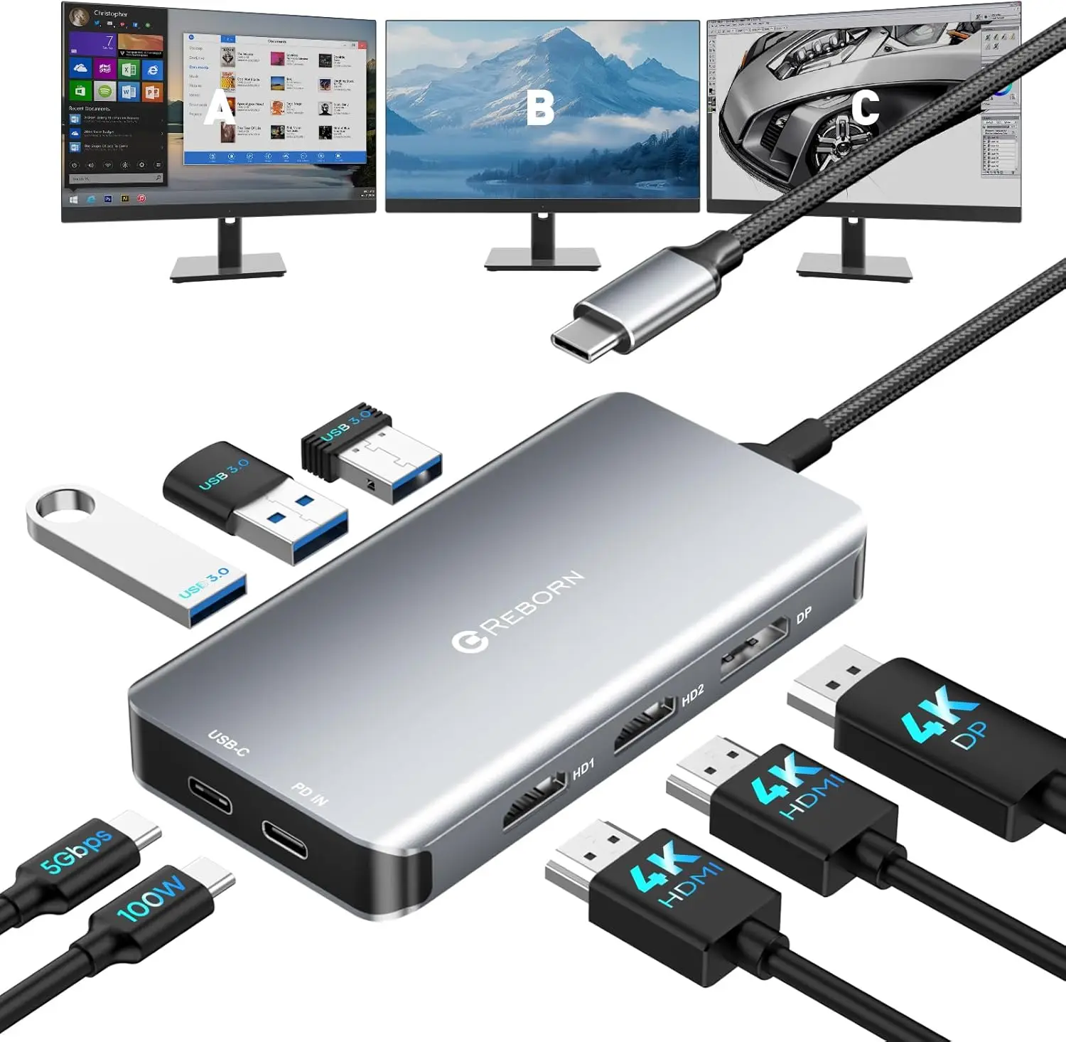 

Док-станция USB-C с поддержкой трех дисплеев, 4K HDMI+DP, 100W PD, 8-в-1 хаб для ноутбуков