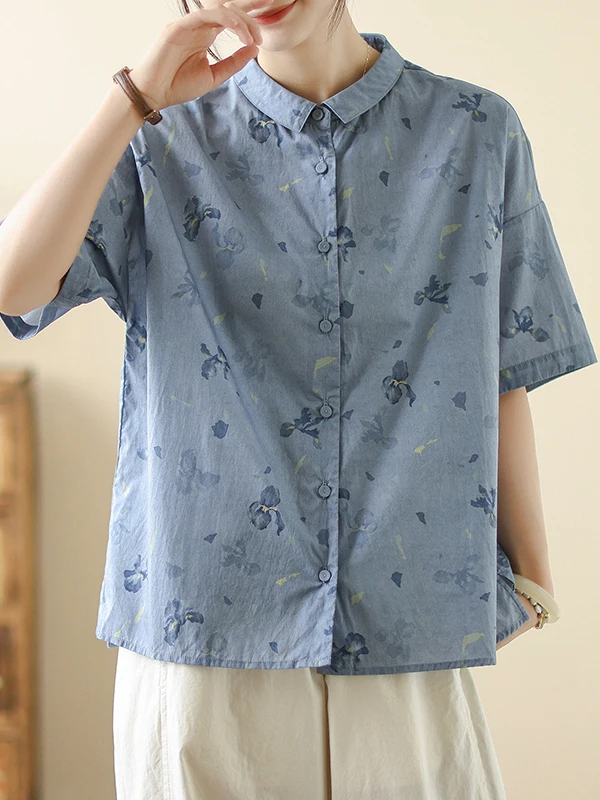Solto ajuste ort sve algodão linho irt feminino tamanho grande impresso simples turn-down colarinho aberto frente casual verão topo