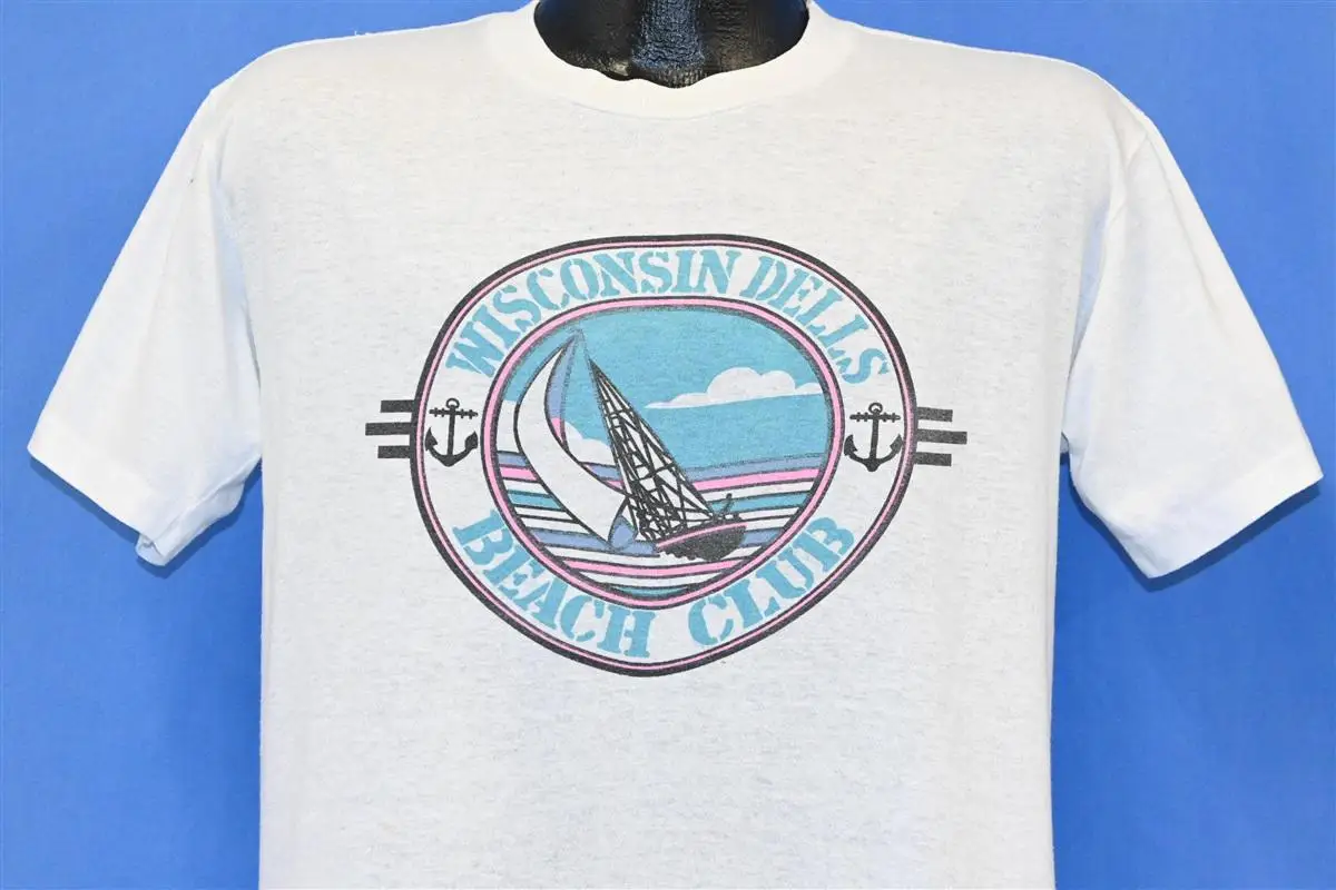 80s Wisconsin Dells Beach Club Sailing Sailboat White Soft Thin T Shirt Large