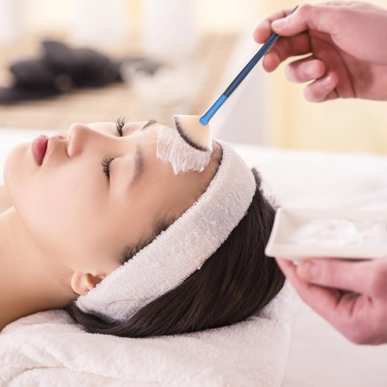 4 Uds. Cepillo Facial en forma de abanico, cepillo de belleza con mango de madera multiusos para mascarilla para dormir, colorete, contorno, bordes difusores, suministros de maquillaje