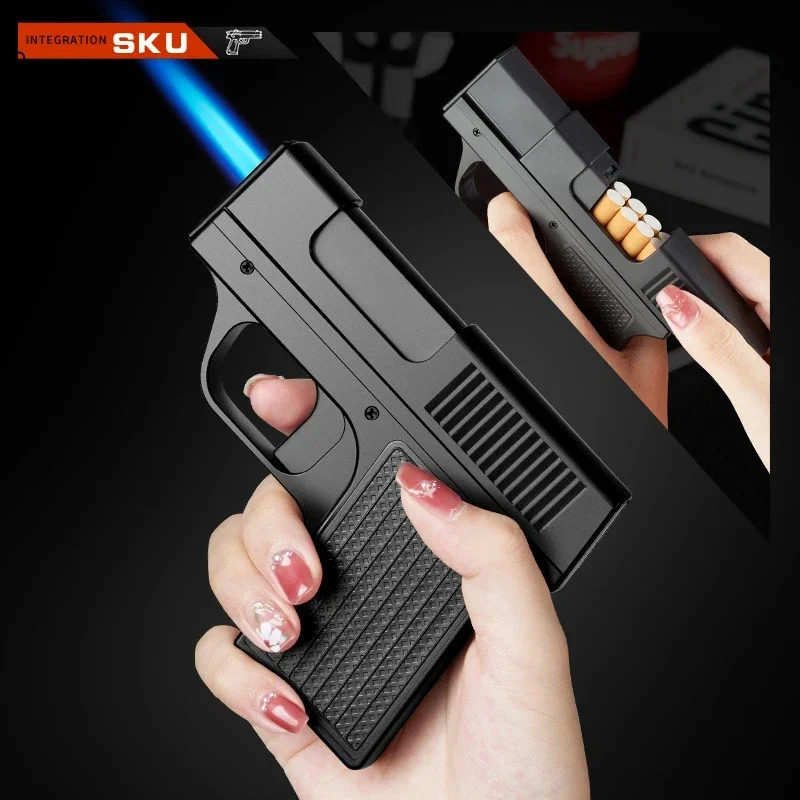 2024 New Clip Gun Type Butane Gas Lighter Three Capacity Cigarette Holder Windproof Jet Blue Flame Portable Lighters Men's Gifts