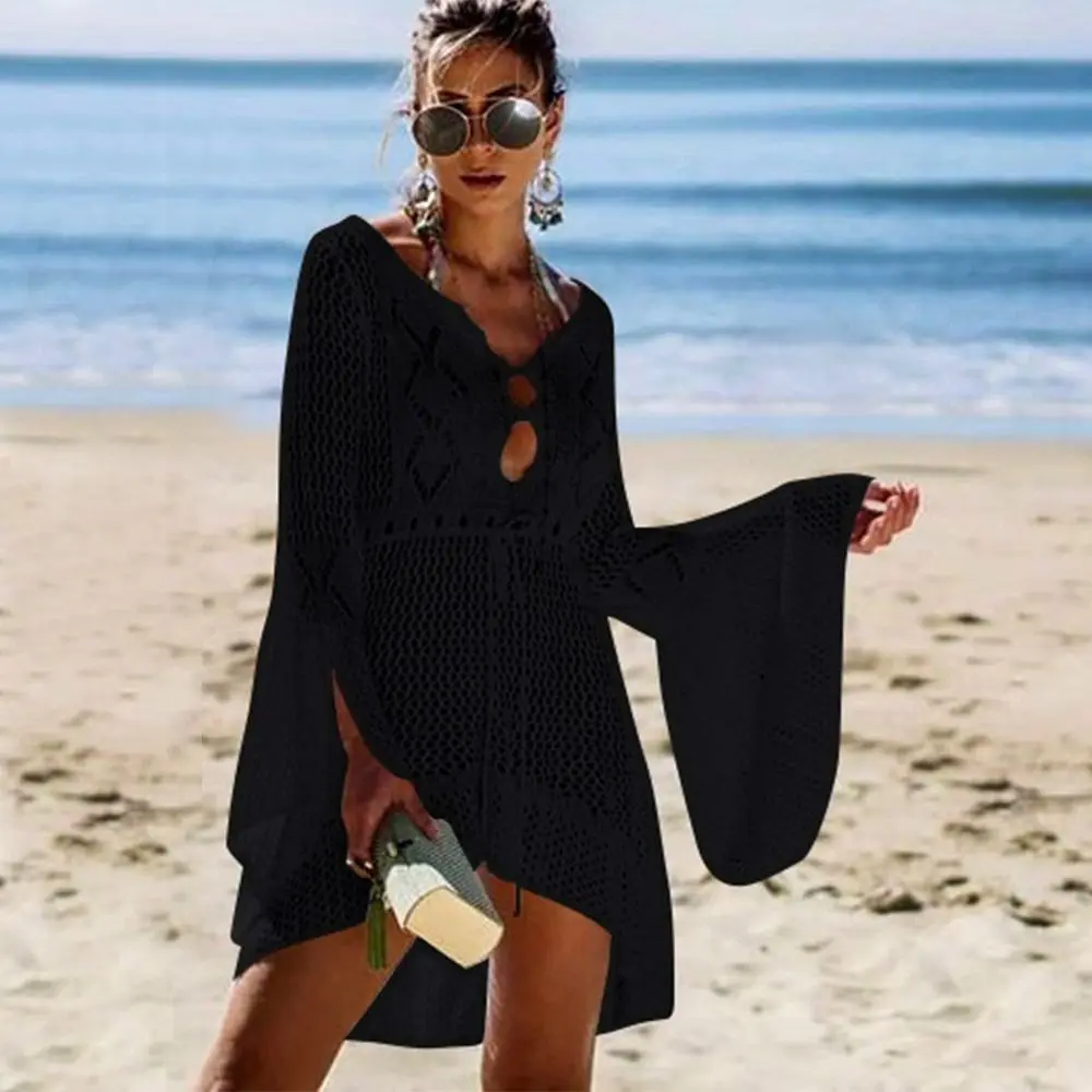 

Fashion V Neck Summer Sunscreen Smock Hollow Out Knitted Beachwear Shirt Casual Loose Swimsuit Cover Up Dress for Women